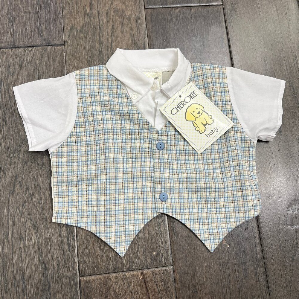 NWT Cherokee Baby Gentleman Plaid Vest & Shirt Set 6-12M Blue Yellow